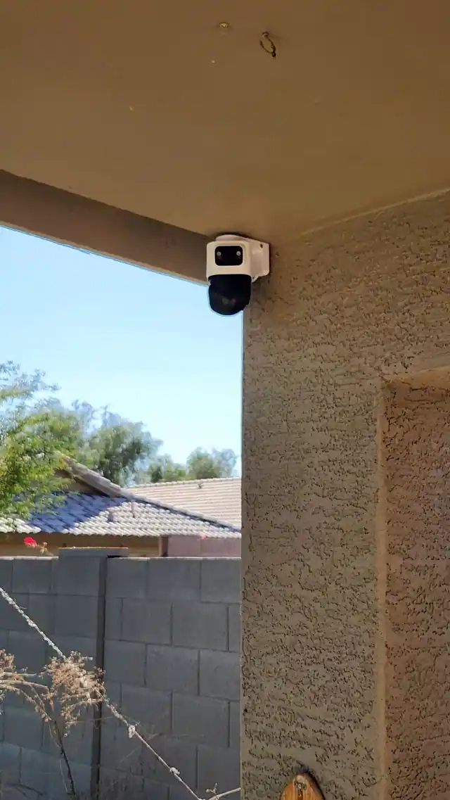 Exterior camera mounted in a covered patio corner